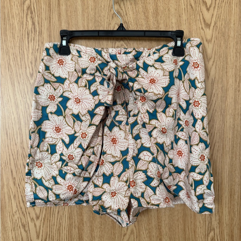 Anthropologie Turquoise/White Floral Lyocell Wrap Front Shorts